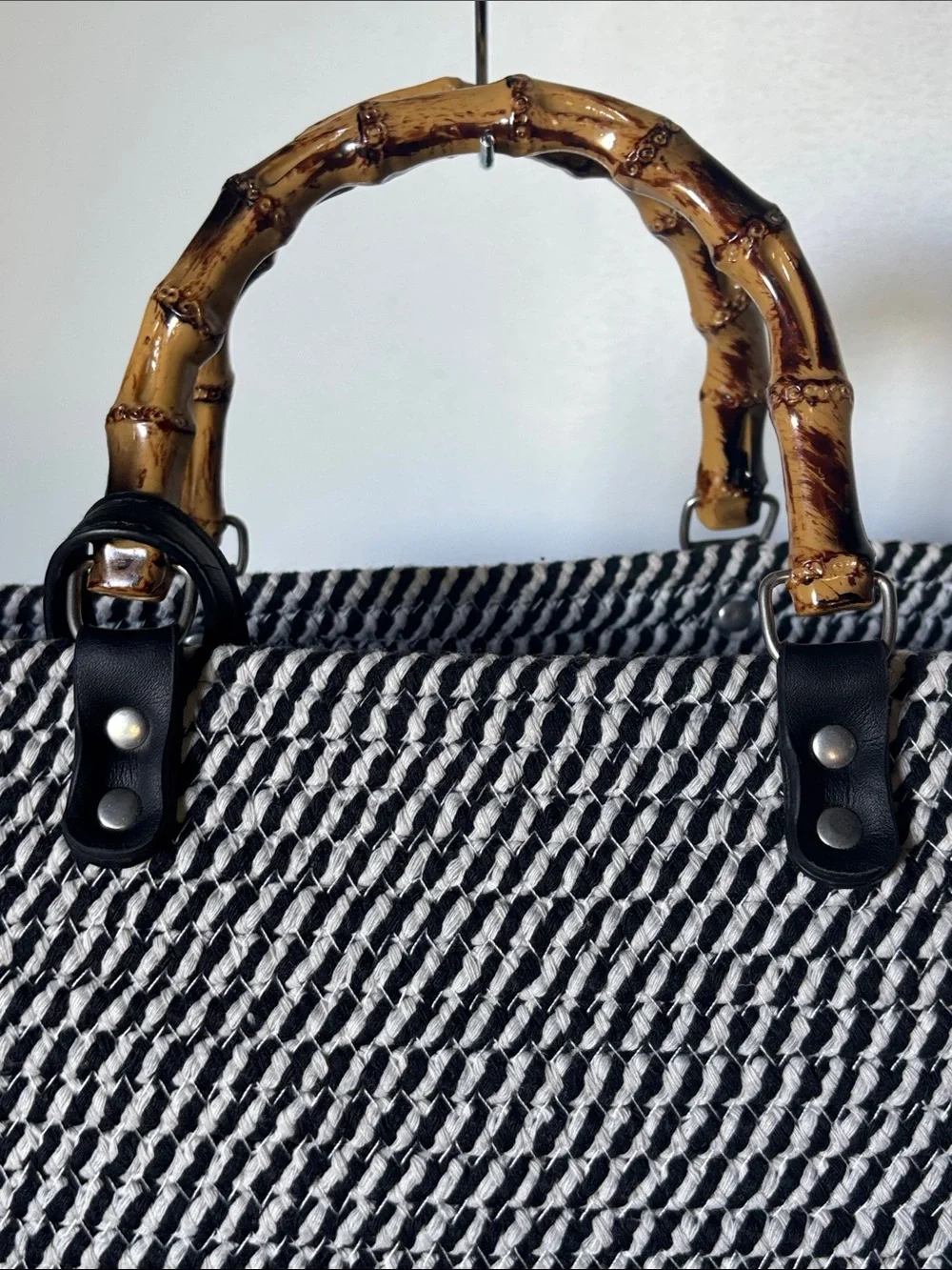 Woven Cotton Black White Tote with Bamboo Handles and Wristlet